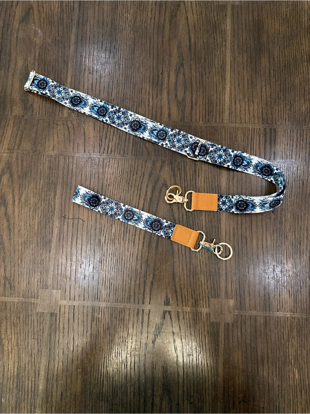 Blue Floral Lanyard and Key Chain with Adjustable Strap w/ Tan Leather Accents